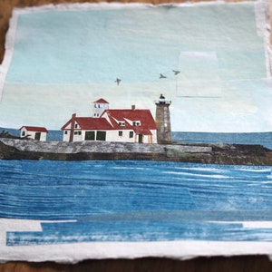 ORIGINAL ARTWORK Whaleback Lighthouse from Pepperrell Cove, Maine Painted paper collage, seascape, illustration, one-of-a-kind image 3