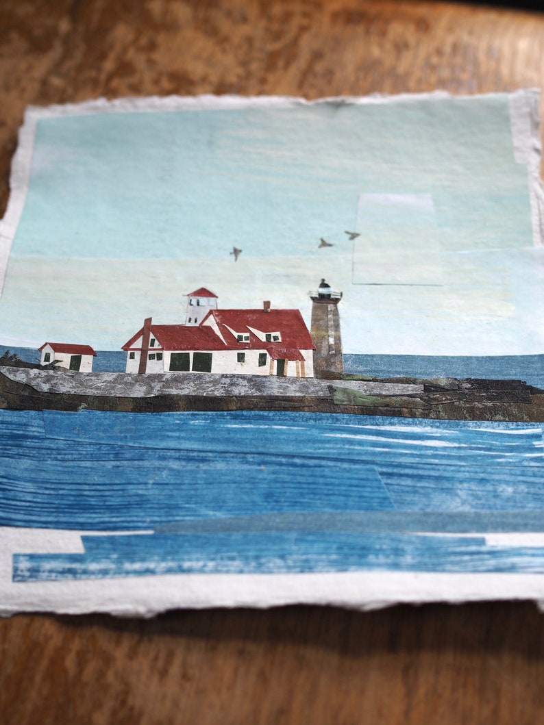 ORIGINAL ARTWORK Whaleback Lighthouse from Pepperrell Cove, Maine Painted paper collage, seascape, illustration, one-of-a-kind image 3