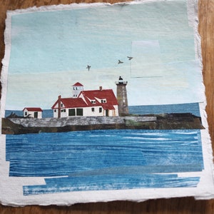 ORIGINAL ARTWORK Whaleback Lighthouse from Pepperrell Cove, Maine Painted paper collage, seascape, illustration, one-of-a-kind image 5