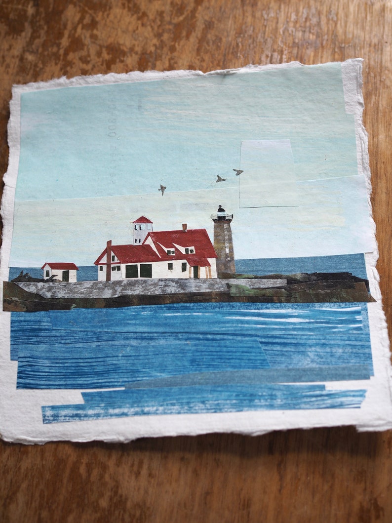 ORIGINAL ARTWORK Whaleback Lighthouse from Pepperrell Cove, Maine Painted paper collage, seascape, illustration, one-of-a-kind image 5