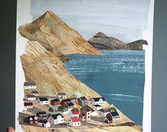 ORIGINAL ARTWORK - "Faroe Island Village" - Painted paper collage, landscape, seascape, illustration, one-of-a-kind