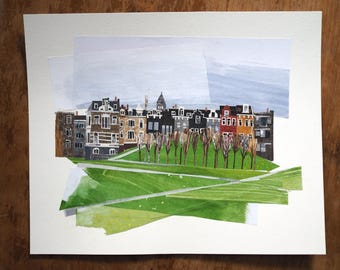 ORIGINAL ART - "Museumplein, Amsterdam" - Painted cut paper collage, landscape, city, Netherlands, illustration, one-of-a-kind