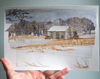 ORIGINAL ART - "New England Winter Barn | Hadley, Massachusetts" - Painted paper collage, landscape, illustration, one-of-a-kind