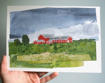 ORIGINAL ARTWORK - "Stormy Summer in Stowe, Vermont" - Painted paper collage, landscape, illustration, farm, red barn