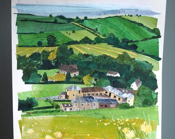 ORIGINAL ART - "English Countryside Village" - Painted paper collage, landscape, illustration, one-of-a-kind, fields