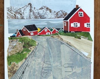 ORIGINAL ART - "Road to Tasiilaq, Greenland" - Painted cut paper collage, landscape, arctic, illustration