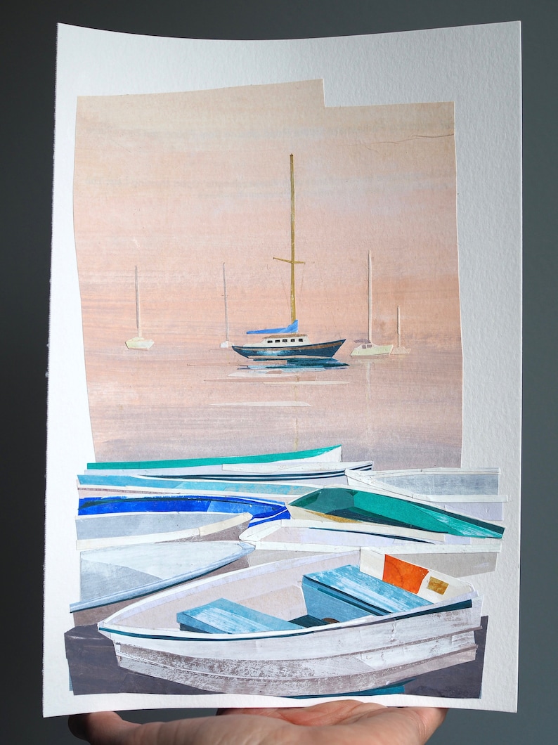 ORIGINAL ART Pepperrell Cove Kittery Point, Maine Painted cut paper collage, seascape, boats, illustration, one-of-a-kind image 8