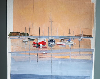 ORIGINAL ART - "Boats in an Orange Sky Sunset" - Painted cut paper collage, landscape, seascape, illustration, one-of-a-kind