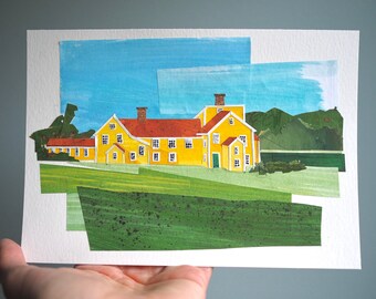 ORIGINAL ARTWORK - "Wentworth-Coolidge Mansion | Portsmouth, New Hampshire" - paper collage, landscape, yellow, illustration, one-of-a-kind