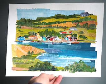 ORIGINAL ARTWORK - "Coastal Village in Ireland" - Painted paper collage, landscape, seascape, illustration, one-of-a-kind