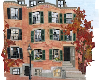 May include: A collage artwork depicting a multi-story brick townhouse with dark green shutters, multi-pane windows, and a black front door. A black street lamp stands on the sidewalk, and a tree with red and orange autumn leaves grows nearby.