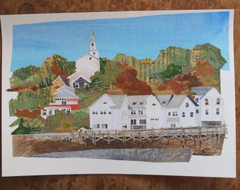 ORIGINAL ARTWORK - "Wiscasset, Maine in Fall" - Painted paper collage, landscape, seascape, illustration, one-of-a-kind