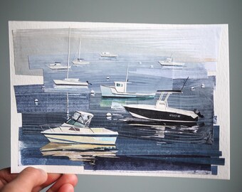 ORIGINAL ART - "Boats and Reflections" - Hand-painted, hand-cut paper collage, landscape, seascape