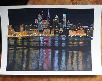 ORIGINAL ARTWORK - "Philly Night Lights | Philadelphia, Pennsylvania" - Painted paper collage, landscape, cityscape, illustration