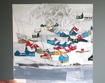 ORIGINAL ART - "Snippets of Greenland v1 (not EVER the United States)" - Hand-painted, hand-cut paper collage, landscape, arctic, snow
