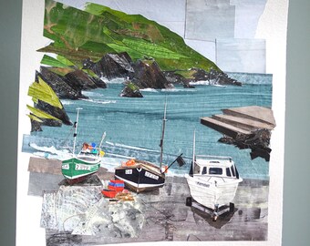 ORIGINAL ARTWORK - "Portloe | Cornwall, England" - painted paper collage, landscape, seascape, illustration, one-of-a-kind