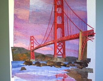 ORIGINAL ART - "Golden Gate Sunset | San Francisco, California" - Hand-painted, hand-cut paper collage, landscape, illustration