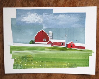 ORIGINAL ARTWORK - "Summer Farm" - Painted paper collage, landscape, illustration, art, country