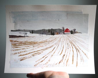ORIGINAL ART - "Farm Fields in Winter (LG)" - Hand-painted, hand-cut paper collage, landscape, Western Massachusetts, Hadley, snow