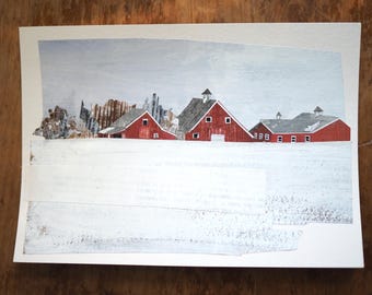 ORIGINAL ARTWORK - "Snow Covered Farm | New England" - Painted paper collage, landscape, winter, illustration, one-of-a-kind