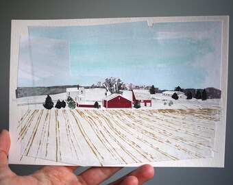 ORIGINAL ART - "Farm Fields in Winter (Sm)" - Hand-painted, hand-cut paper collage, landscape, Western Massachusetts, Hadley, snow