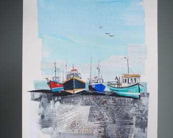 ORIGINAL ARTWORK - "All Ashore!" - painted paper collage, landscape, seascape, illustration, boats, one-of-a-kind