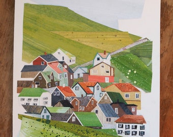 ORIGINAL ARTWORK - "Skúvoy, Faroe Islands" - Painted paper collage, landscape, seascape, illustration, one-of-a-kind