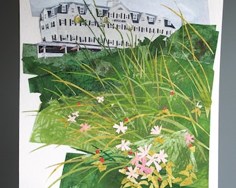 ORIGINAL ARTWORK - "Block Island, Rhode Island | The National Hotel" - Painted paper collage, landscape, illustration, art