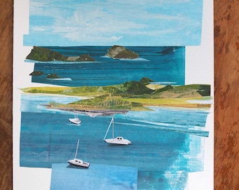 ORIGINAL ART - "Vacation Waters" - Painted cut paper collage, seascape, boats, ocean, illustration, one-of-a-kind