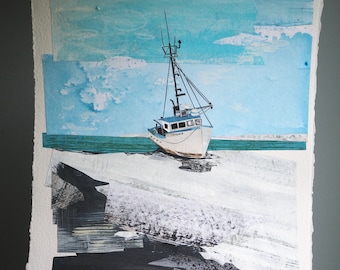 ORIGINAL ART - "Fishing Boat on Winter's Shore" - Painted cut paper collage, landscape, seascape, boat, illustration, one-of-a-kind