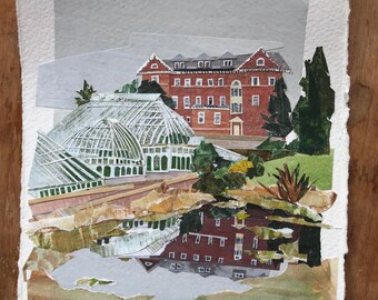 ORIGINAL ART - "The Botanic Garden of Smith College | Northampton, Massachusetts, " - collage, illustration, college, university, greenhouse