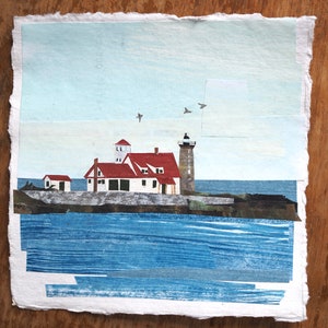 ORIGINAL ARTWORK Whaleback Lighthouse from Pepperrell Cove, Maine Painted paper collage, seascape, illustration, one-of-a-kind image 2