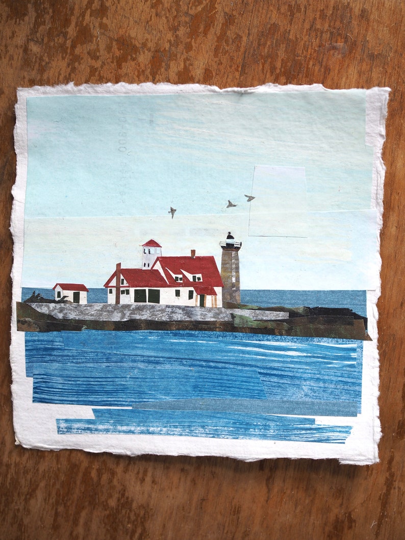 ORIGINAL ARTWORK Whaleback Lighthouse from Pepperrell Cove, Maine Painted paper collage, seascape, illustration, one-of-a-kind image 2