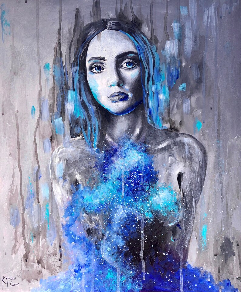 Original Painting, Portrait Art, Blue Girl, Celestial Art, Space Art Etsy