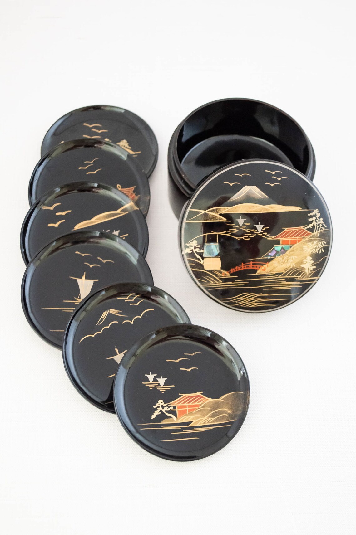 1950s Japanese Black Lacquer Coaster Sets Waves Etsy