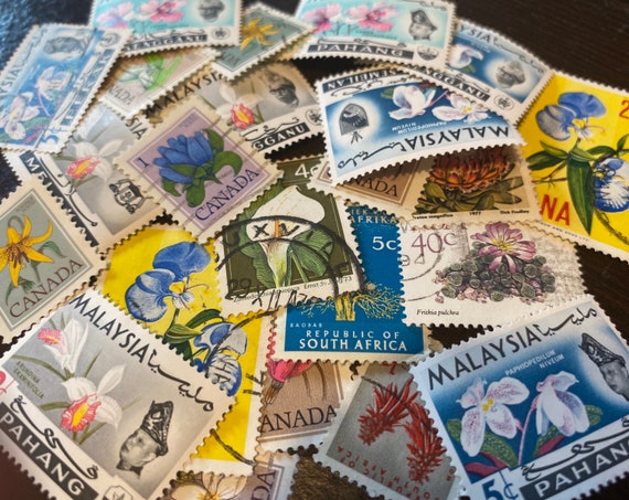Flowers vintage postage stamps. International stamps. 10 pack. Vintage  postage. Colourful flowers.