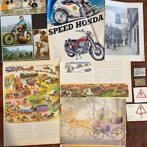 Motorrad, Pferd & Karren, Transportmittel Vintage Illustrationen. Motorräder. Viele bezaubernde Buchillustrationen. Briefmarken.