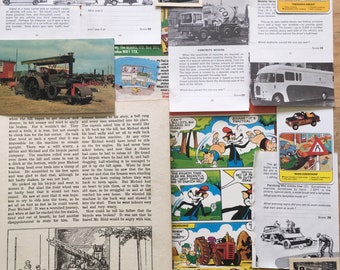 Trucks, Fire Engines, Buses, Tractors, Cement Mixer, Tram, Steam Roller. Vintage paper pack for collage and other art projects.