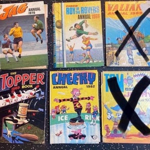 May include: A collection of vintage annual books. Titles include "Jag Annual 1970", "Roy of the Rovers Annual 1969", "The Topper 1969 Book", and "Cheeky Annual 1982". The covers feature illustrations of sports and cartoon characters.