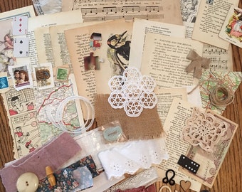 Huge 70 piece vintage collage pack. Ephemera, fabric, buttons, and lots more.