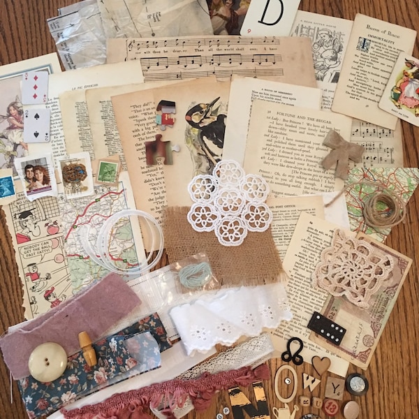 Huge 70 piece vintage collage pack. Ephemera, fabric, buttons, and lots more.