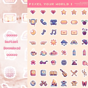Pixel your World I (pixel art) - Printable stickersheet 48 PNG / Print & Cut / bullet journal / digital planner/ cozy and retro