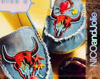 Hand-Embroidered Light Denim Moccasins: Custom Floral Bison Skull Loafers