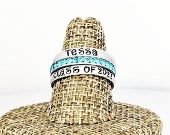 Personalized Stainless Steel Graduation Ring: Stacking Birthstone Senior Ring