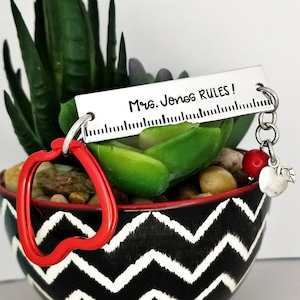 Personalized Teacher Keychain: Ruler Charm, Apple Accent - Teacher Appreciation Gift