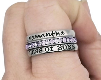 Highschool Grad Ring, Senior Ring, Personalized Stacking Birthstone Ring, Personalize Jewelry, Graduation Jewelry, Silver Personalize Ring