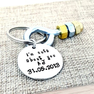 I&#39;m Nuts About You, Husband Gift, Boyfriend Gift, Keychain Gift, Nuts and Bolts, Hand Stamped Men&#39;s Gift, Anniversary Gift