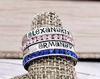 Personalized Stacking Birthstone Ring, Personalize Jewelry, Hand Stamped Name Ring, Silver Personalize Ring, Stackable Name Rings, Wife Gift