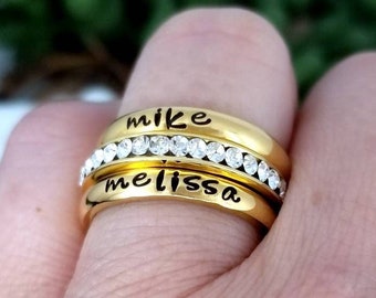 Gold Plated Stacking Ring, Gold Birthstone Ring, Personalize Jewelry, Hand Stamped Name Ring, Gold Personalize Ring, Stackable Name Rings