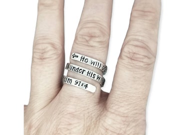 Psalm 91:4 Ring, Psalm 91 Jewelry, Wrapped Ring, Personalize Jewelry, Stamped Ring, Custom ring, Religious Jewelry, Psalm Ring, Refuge Ring